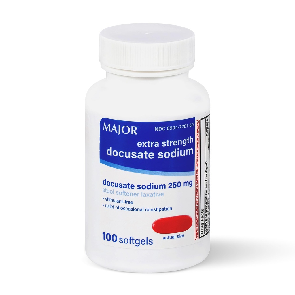 MAJOR Docusat Natrium 250 mg, Extra Strength Smeltener Laxative for Occasional Constipation Relief - Stimulant Medical Free, 100 Softgels (1 pakke)