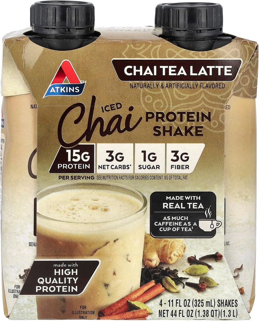 Atkins Iced Chai Tea Latte Protein- Rich Shake, Keto Friendly and Gluten Free. (4 Shakes)