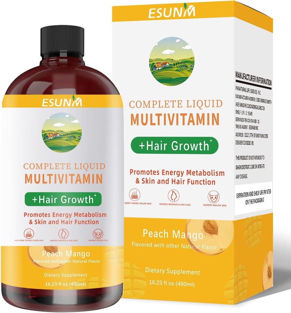 Komplet Flydende Multivitamin + hårvækst, fremmer energi Metabolisme & Hud og hår funktion; C-vitamin D- 124; B Vitaminer • 124; Hjælp til Thicker Hår, Wrinkles, fine linjer, hudpleje (16.23OZ)