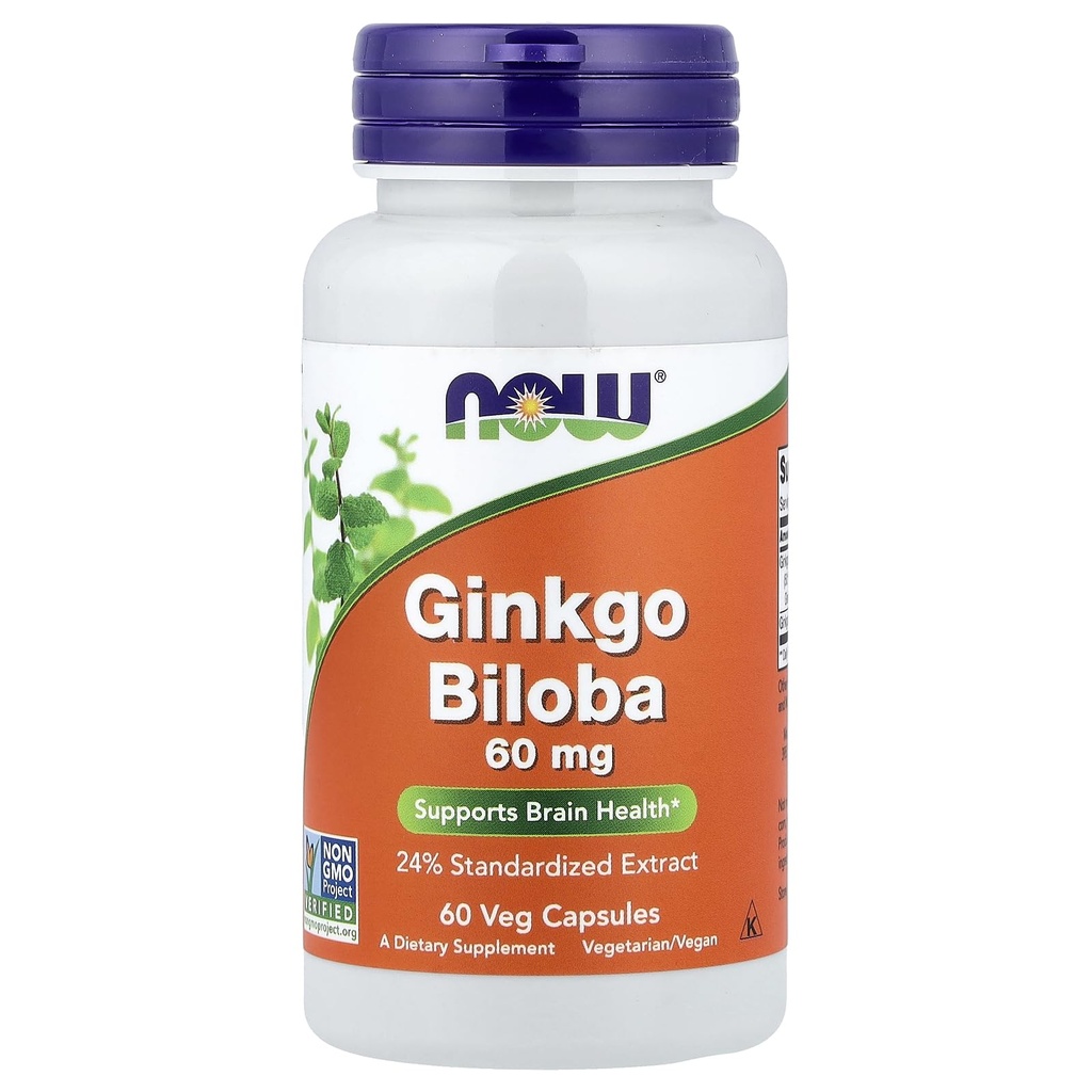 Now Foods Ginkgo Biloba 60mg 24% ekstrakt, 60 kapsler