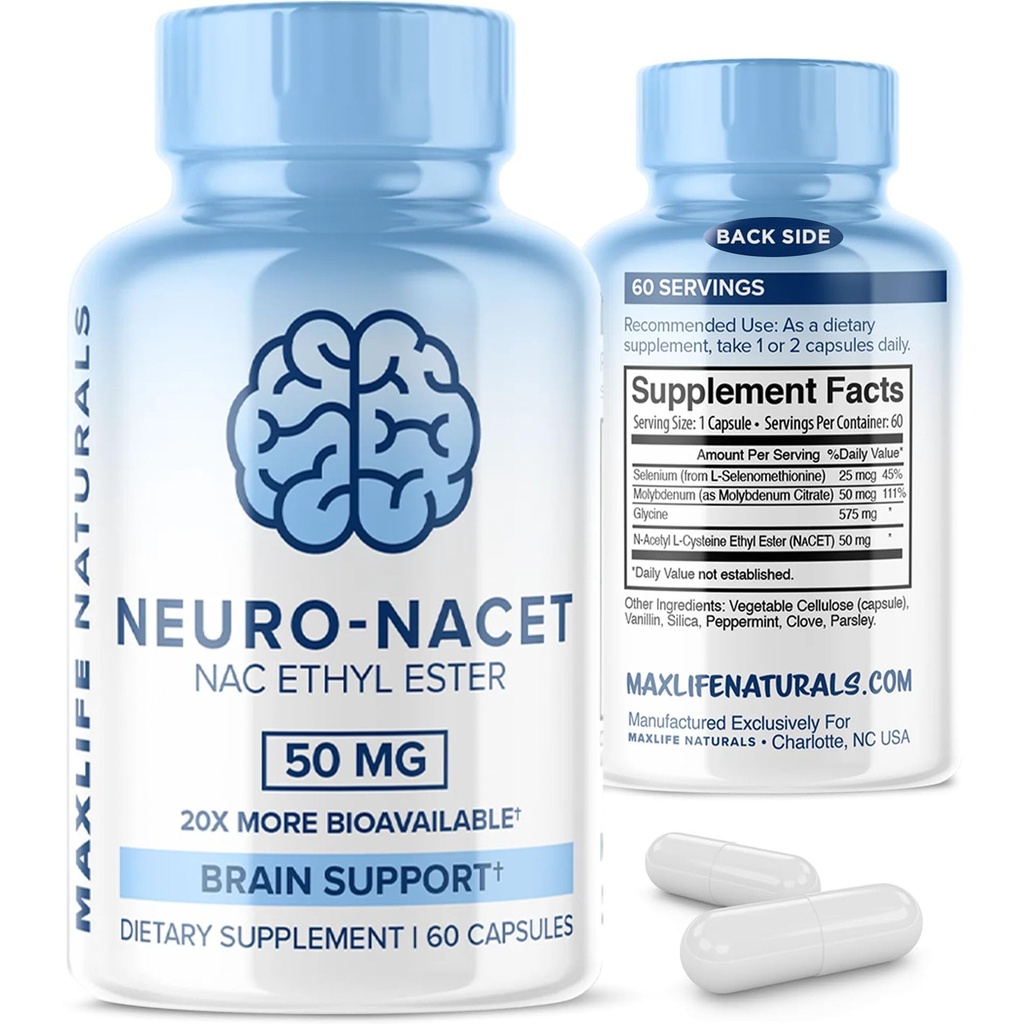 Neuro NACET - 60 kapsler, N- Acetyl Cysteine Ethyl Ester - 20x mere Biotilgængelig Glycine NAC supplement N- Acetyl Cysteine Selenium, 10x Glutathione Boost til hjerne og lung Support af MaxLife Naturals