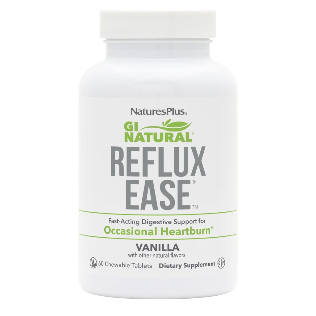 Natures Plus GI Natural Reflux Ease, Vanilla - 60 tyggetabletter - Fast- Fungerende fordøjelsesstøtte - Vegetarisk, Gluten Free - 60 Servere
