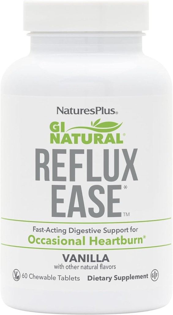 Natures Plus GI Natural Reflux Ease, Vanilla - 60 tyggetabletter - Fast- Fungerende fordøjelsesstøtte - Vegetarisk, Gluten Free - 60 Servere