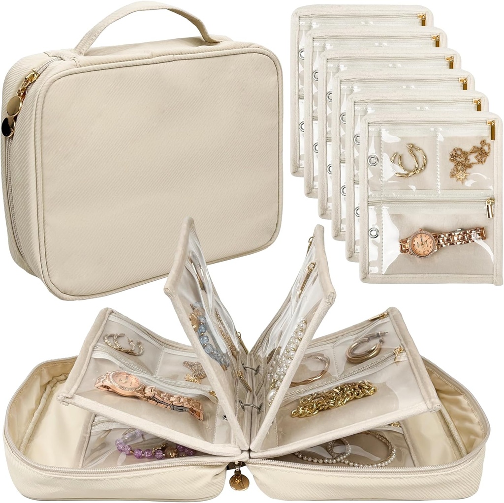 Rejse Smykker Organizer sag, Smykker Tasker Smykker Opbevaring bog Binder med Clear Zipper Velvet Pouch for Traveling, øreringe, ringe, halskæde, armbånd (hvid)