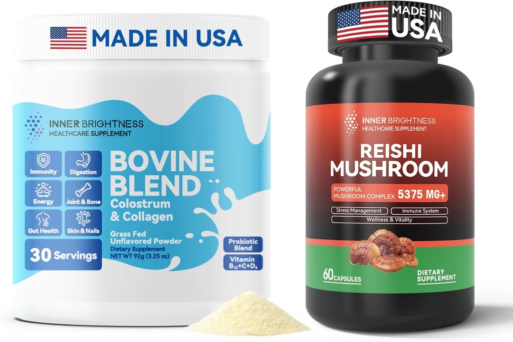 Bovin Colostrum & Collagen Pulver til Gut Sundhed, immunforsvar, hårvækst og skønhed supplement + Reishi Mushroom supplement med Cordyceps