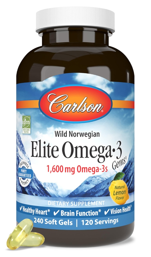 Carlson Elite Omega-3 Gems, 1600 mg Omega-3 med EPA & DHA, Lemon Flavor, 240 Softgels - Wild- Fanget norsk fiskeolie, bæredygtigt sourced