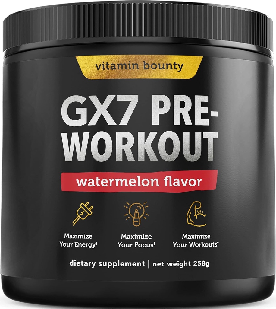 Vitamin Bounty Gx7 Pre Workout pulver til mænd - Pre workout for kvinder - Sugar Free Pre Workout Energy Booster tillæg med Beta- Alanine, Koffein, Keto, 0g Net Carbs - Watermelon Flavor, 20 Servering