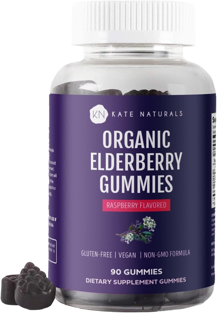Kate Naturals Elderberry Gummies med C-vitamin og zink til voksne og børn. Tasty Sambucus Elderberry Gummies for immunforsvar (90 Gummies, 45 Day Supply, Organic)