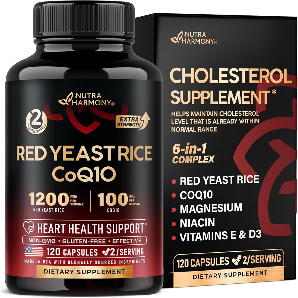 Rød Gær Rice 1200 mg med CoQ10 100 mg - med Magnesium- 124; Niacin - 124; vitamin E & D3 - Heart Health Support, Energy & Metabolisme - Effektiv, Flush- free & Laboratory Tested - Made in USA, 120 Kapsler