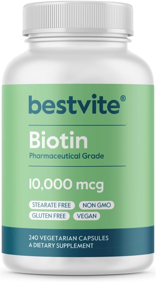 BESTVITE Biotin 10,000mcg (240 Vegetariske Kapsler) - Ingen Stearater - Ingen Dicalcium Phosphat - Ingen kunstige sødestoffer - Ingen Flavors - Ingen Flow Agents - Vegan - Ikke GMO - Gluten Free