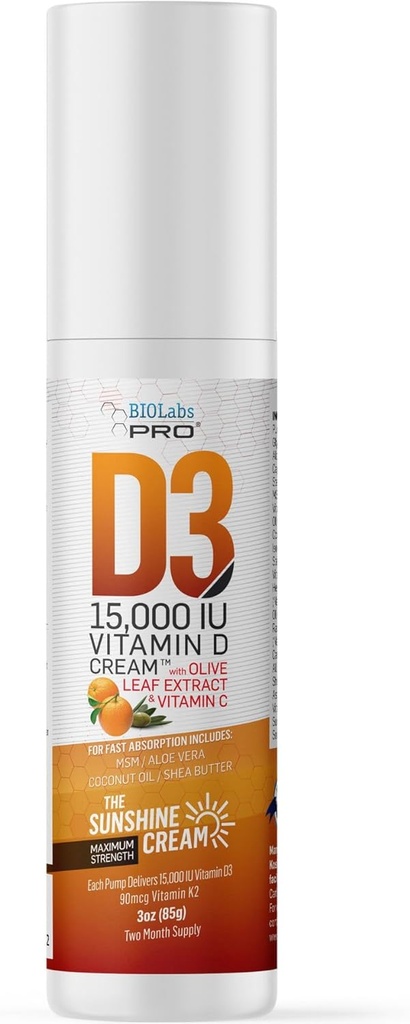 BIOLABS PRO Alle naturlige vitamin D3 15000IE D-creme - maksimal styrke - bekæmpe vitamin D-mangel naturligt - med vitamin K2 & Olive Leaf ekstrakt - sikker & effektiv (15000IE - 3.0oz)