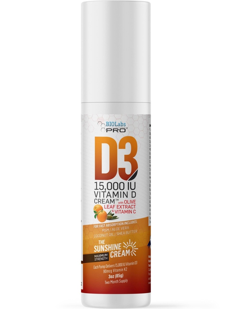 BIOLABS PRO Alle naturlige vitamin D3 15000IE D-creme - maksimal styrke - bekæmpe vitamin D-mangel naturligt - med vitamin K2 & Olive Leaf ekstrakt - sikker & effektiv (15000IE - 3.0oz)