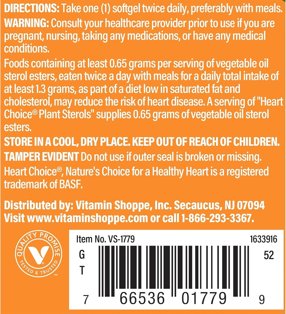 Den Vitamin Shoppe Heart Choice ® Plant Steroler, Understøtter hjerte-karsygdomme & Kolesterol Sundhed, 1 Servering Supplies .65 Bedste af vegetabilsk olie Sterol Estere (60 Softgels)