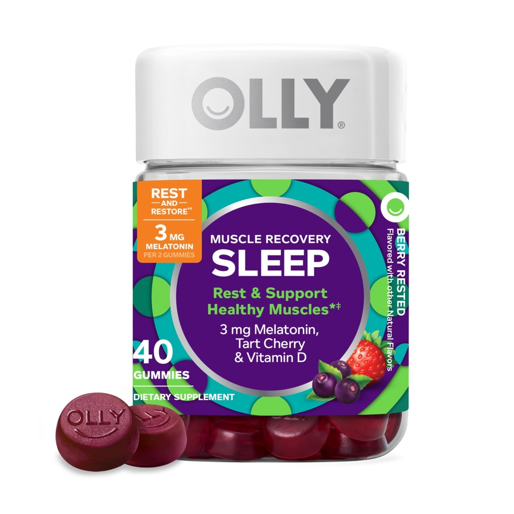OLLY Muscle Recovery Sleep Gummies, Sleep and Sore Muscle Support, 3 mg Melatonin, Tart Cherry, D-vitamin, Berry Flavor - 40 Greve
