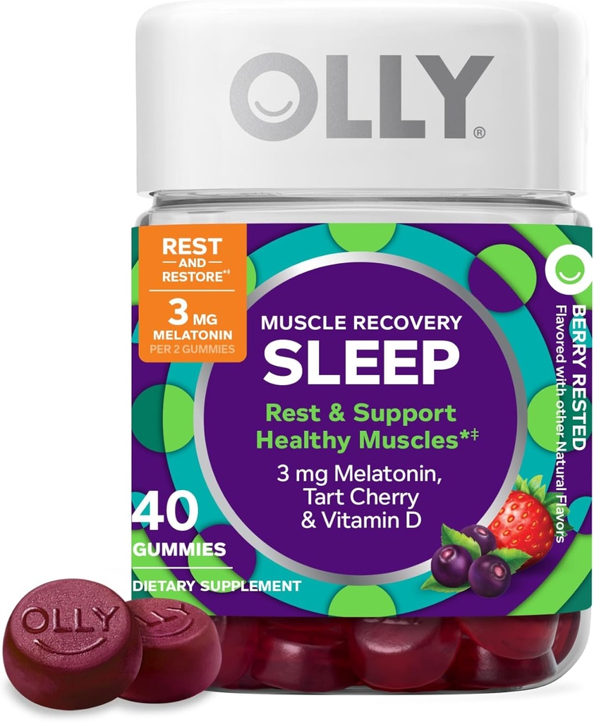 OLLY Muscle Recovery Sleep Gummies, Sleep and Sore Muscle Support, 3 mg Melatonin, Tart Cherry, D-vitamin, Berry Flavor - 40 Greve