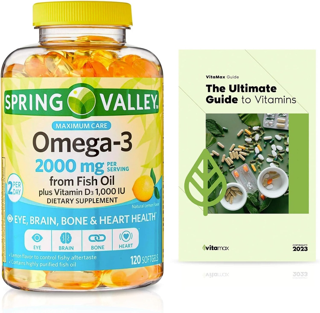 Spring Valley Omega-3 fra Fish Oil 2000 mg, Maksimal omhu, 120 Grev + Eksklusiv VitaMax Vitamin Guide (2 genstande)