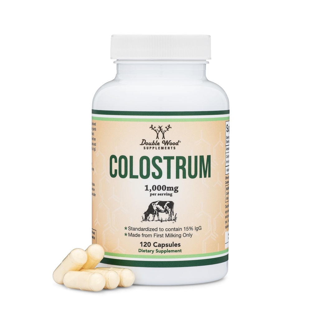 Colostrum Supplement 120 Kapsler, 1000 mg per servering (Bovine Colostrum Powder fra First Malking Only, Std. to Contain 15% IgG Immunoglobuliner) Ingen Fillers, Tredjeparts testet af Double Wood