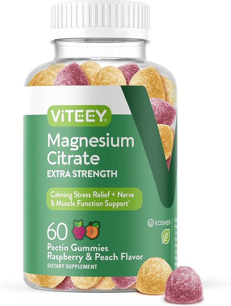 VITEEY Magnesium gummier til voksne - 170mg af Magnesium Citrate Gummy til ro, søvn, nerve & muskelfunktion Support - Vegan, Gluten Free - 60 Greve