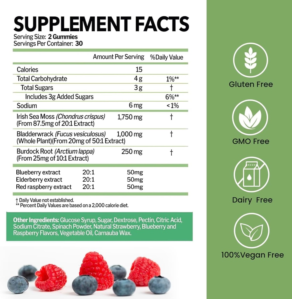 Sea Moss Gummies med Bladderwrack og Burdock Root Name 124; Fremstillede Irske Hav Moss til immun, Thyroid Support # 124; 100% Vegansk Kosttilskud # 124; Non- GMO, Gluten- Free, Dairy- Free # 124; 60 Gummies