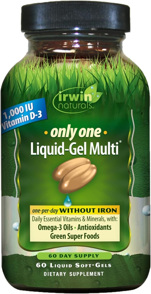 Irwin Naturals Only One Liquid- Gel Multi - 60 Liquid Softels - Ingen Iron Daily Essential Vitamin, Minerals, Antioxidants, Omega-3 & Green Super Foods
