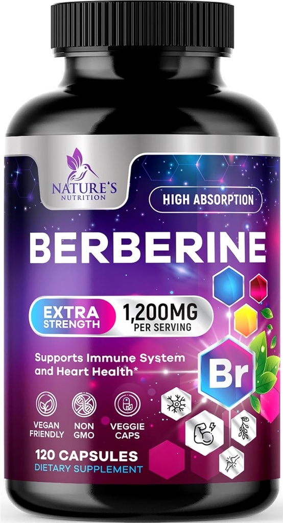 Berberine HCL 1200mg Supplement - Berberine HCI Capsules High Absorption Supplement for Heart Health & immunsupport, High Strength, Gluten- Free, Vegan, Non- GMO piller - 120 Veggie kapsler