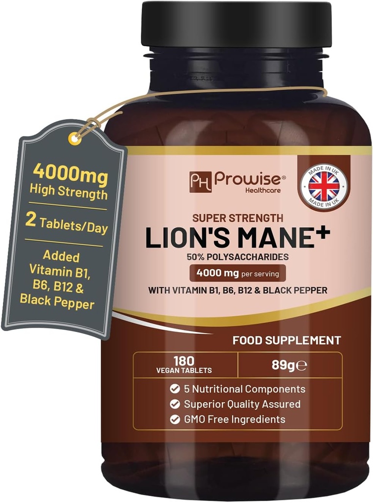 Lions Mane Mushroom Supplement 7 mg med vitamin B1, B6, B12 & Black Pepper - 180 Super Strength Vegan Tablets med 50% polysaccharider (ikke pulver eller kapsler)