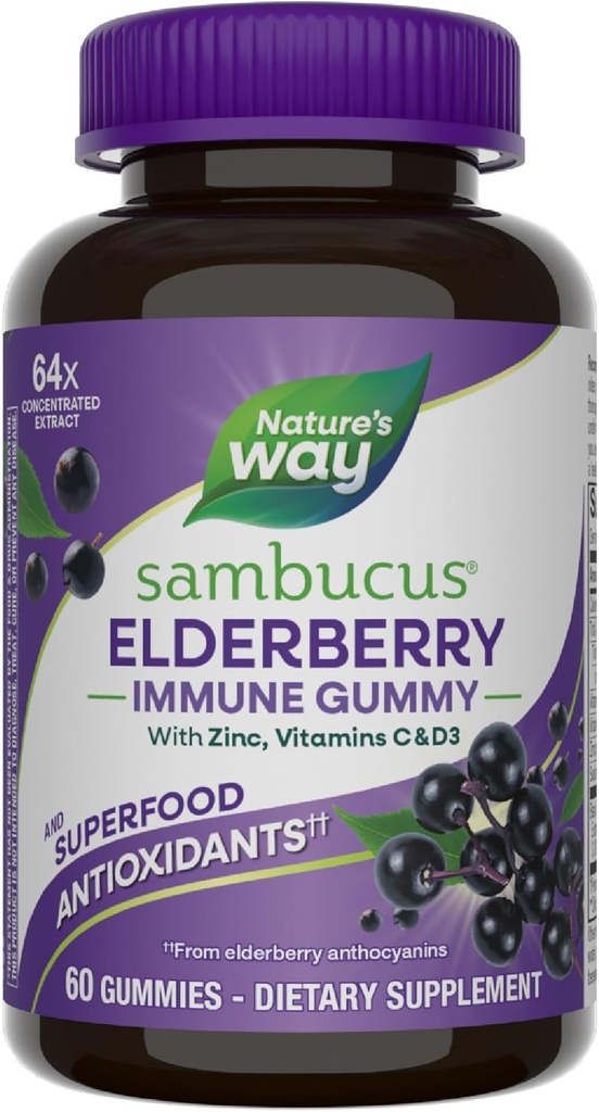 Nature 's Way Sambucus Elderberry Immunsupport Gummies for Kids & Voksnes * med Black Elderberry Extract, C-vitamin, D3-vitamin og zink, 60 Gummies (Packaging May Vary)