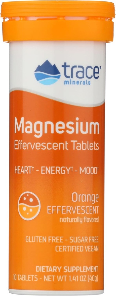 Trace Minerals - 124; Magnesium - Effervescent - Tablet - 124; Promodes Hearth Health, pH Balance, Energy Mood - 124; Gluten Free, Sugar Free, Certified Vegan - 124; Orange - 124; 10 Tablet - 1 Tube