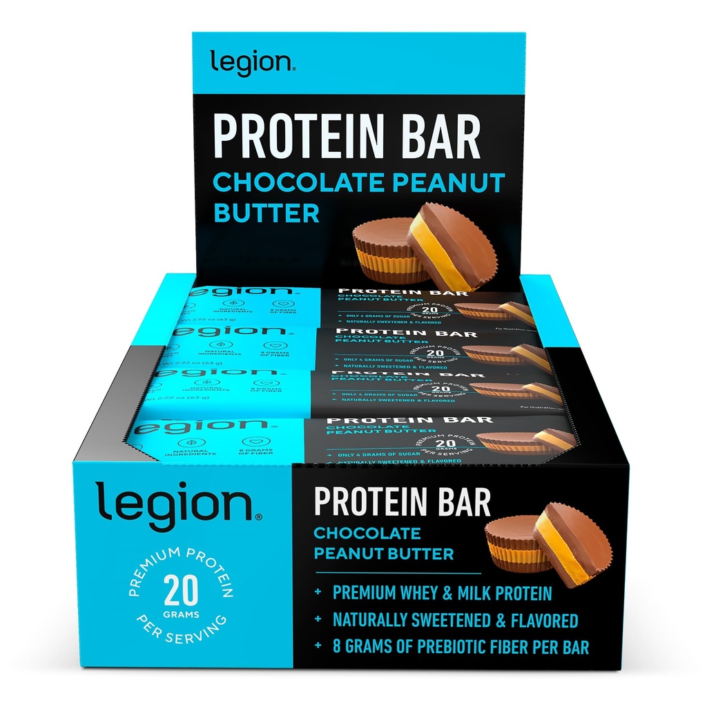 Legion Protein Bar Chokolade Peanut Butter -100% Whey Protein, Bagte Barer med Prebiotic Fiber - High Protein (20g) Lavfedt (12g) Lavsukker (4g), No Soy, Gluten - Natural Flavors (12 Greve)