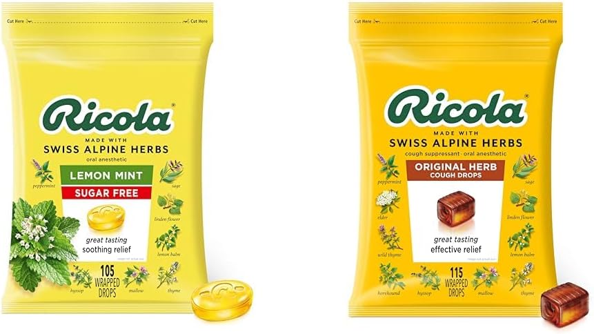 Ricola Sugar Free Lemon Mint Herbal Hoste suppressant Hals Drops, 105ct Bag & Original Natural Herb Host Drops, 115 Count, Host suppressant & Hals Lemping Drops