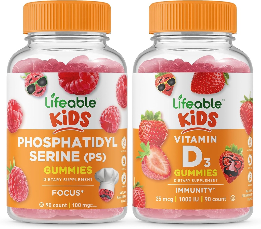 Lifeable Phosphatidylserin (PS) Kids + D-vitamin Kids, Gummies Bundle - Great Tasting, Vitamin Supplement, Gluten Free, GMO Free, Chewable Gummy