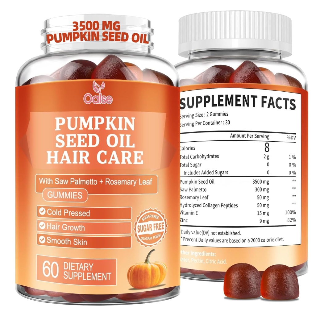 Græskar frø Olie Gummier, 3500mg Per Servering, Cold Pressed, med Saw Palmetto, Rosemary Leaf, Zink, Hydrolyzed Collagen Peptider, Græskar frø olie til hårvækst, Vegan, 60 grever