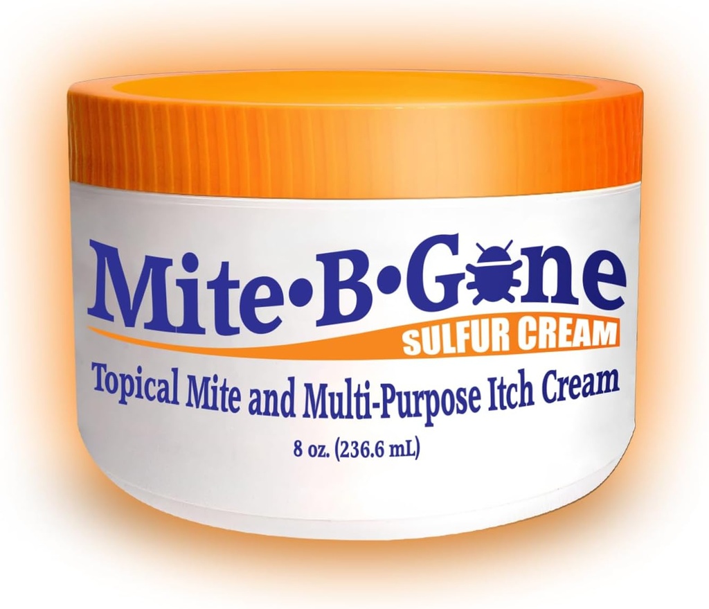 Mite- B- Gone Mite Cream & Bite Relief - 10% Natural Blend Svovl Cream for Multi- purpose Bites, Rødme, Kløe, & Irritation; sikker for børn og voksne; 124; Hurtig & effektiv for alle hudtyper; 124; 8 oz