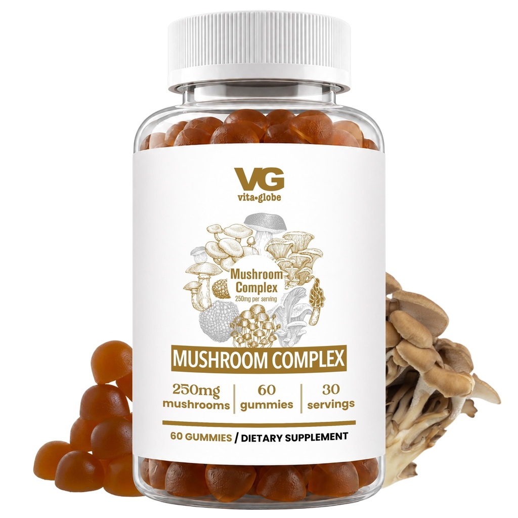 VITA GLOBE Mushroom Complex Gummies - 250 mg med Reishi, Lion 's Mane, Chaga, Cordyceps & Mere Buddy 124; Dagligt supplement til immunforsvar, Energi & Brain Function Support - 60 Greve (pakke med 1)