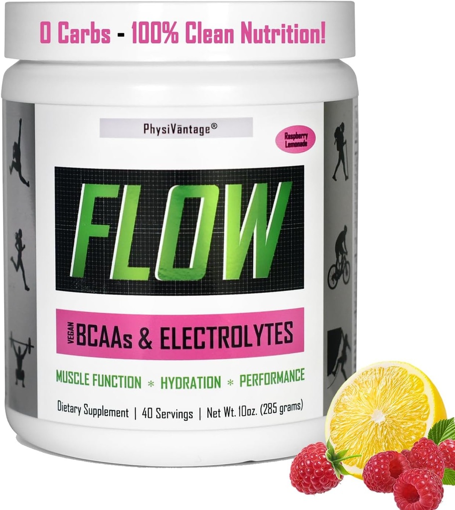 PhysiVantage - Flow Electrolyte Powder med BCAA - Sukkerfri hydrering & Muscle Recovery Drink Mix - Vegan, Keto-Friendly Electrolytes - Zero Sugar, 40 Servere, Raspberry Lemonade Flavor