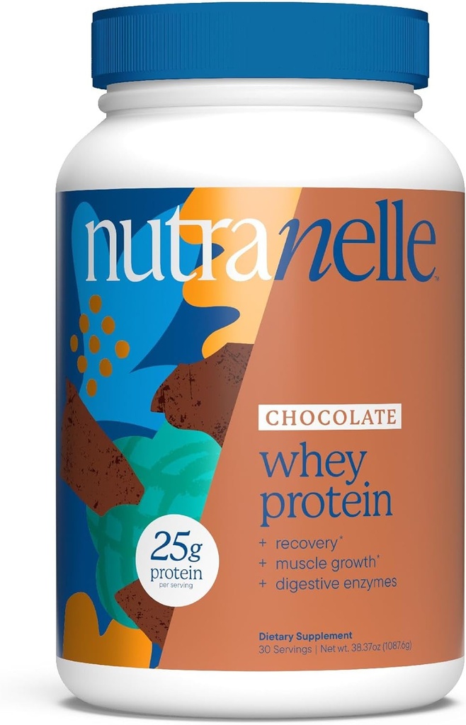 Nutranelle - Chocolate Whey Protein Powder - 25 g Whey Isolate & Koncentrat per servering med fordøjelige enzymer til muskel vækst & inddrivelse - Nul tilsat sukker protein rystes pulver