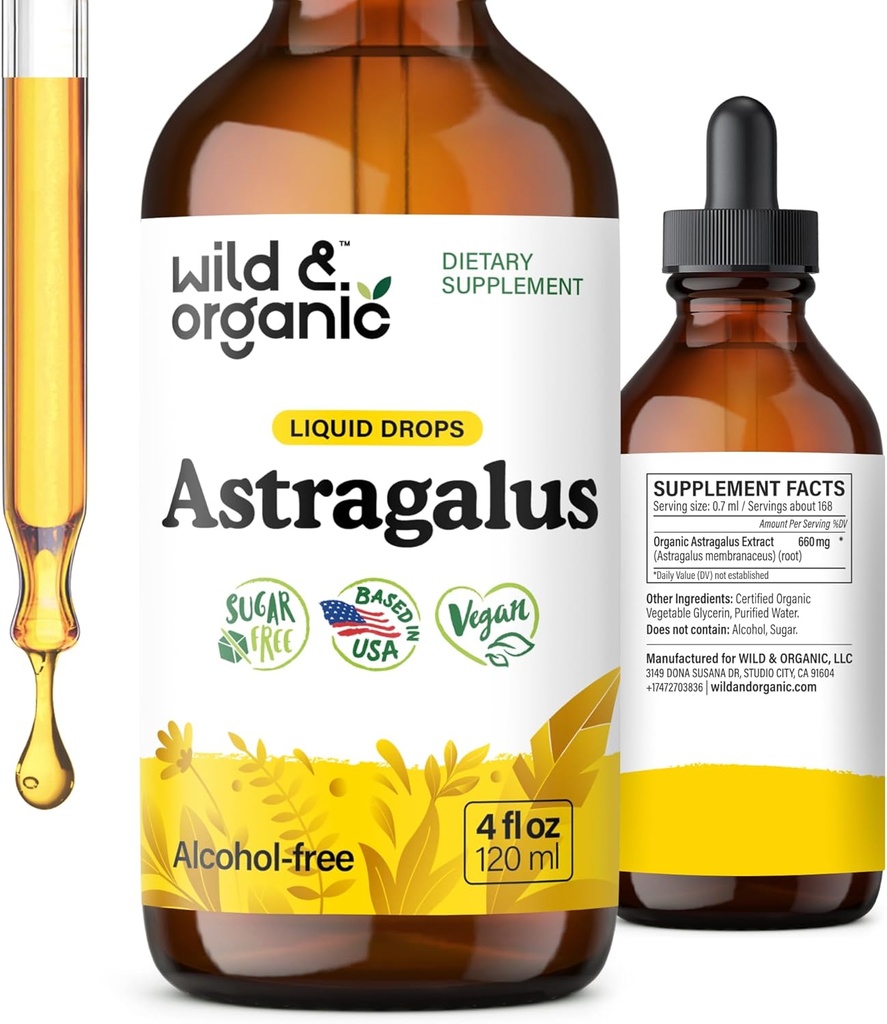 Wild & Organic Astragalus Tincture - immunsupport supplement w / Astragalus Root Extract - Vegansk tincture for Immunity - Sugar & Alcohol- Free Drops - 4 fl oz