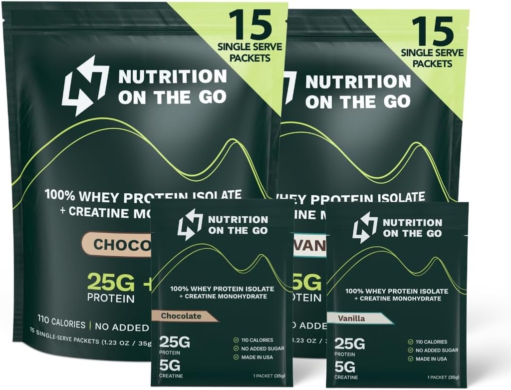 Nutrition On the Go Whey Protein Isolere pakker med Creatin - 25g Protein + 5g Creatin - Single-Serve Travel Protein Powder - Variety Pack (Vanilla & Chocolate) (30- Pack)