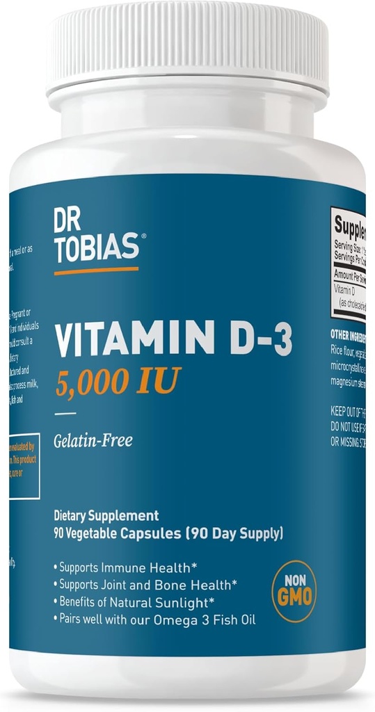 Dr. Tobias vitamin D3 5000 IE, Essential for sunde knogler, tænder og immunsystem, ekstra styrke D-vitamin supplement, non-GMO, 90 kapsler, 90 Servering