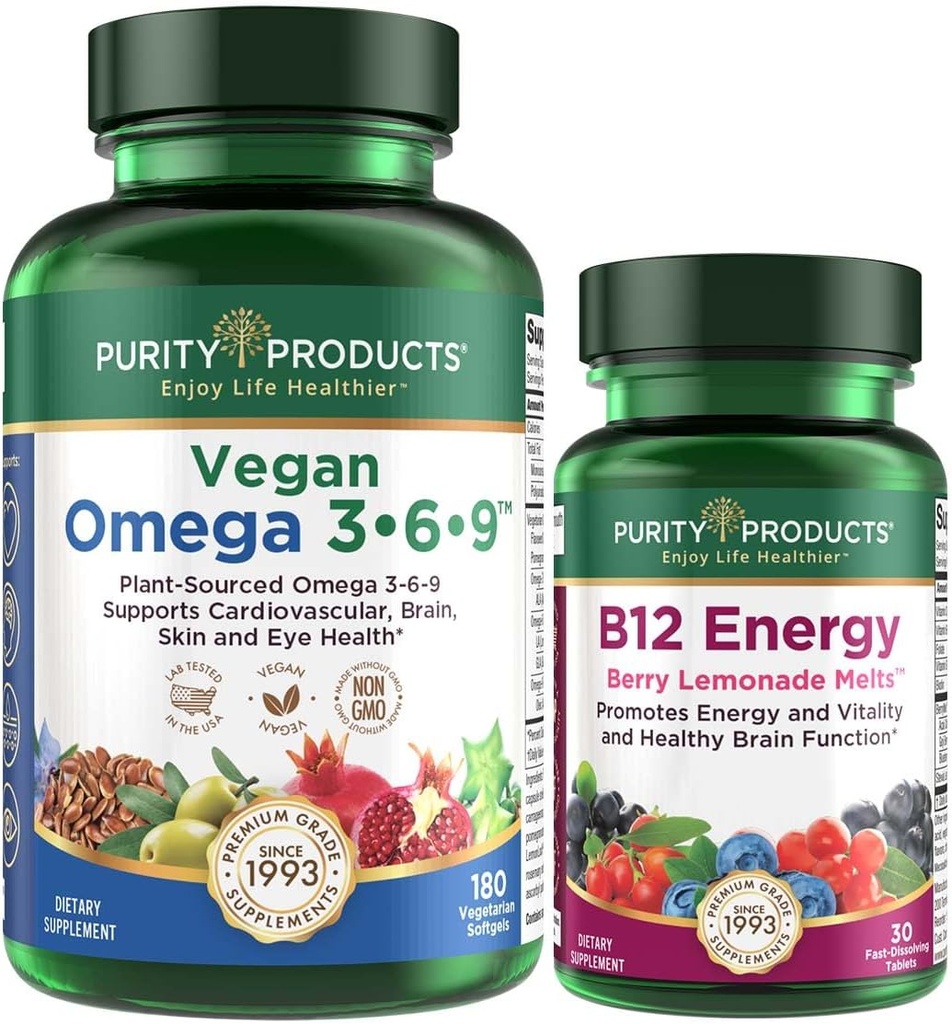 Purity Products Bundle - Vegan Omega 3-6-9 (180 ct) + B-12 Energy Melt Omega 3-6-9 (“5 in 1” Plant-Based Omega 3 6 9 Essential Fatty Acids) - B12 Berry Melt (Methylcobalamin B12 + B6 + D3 + More)