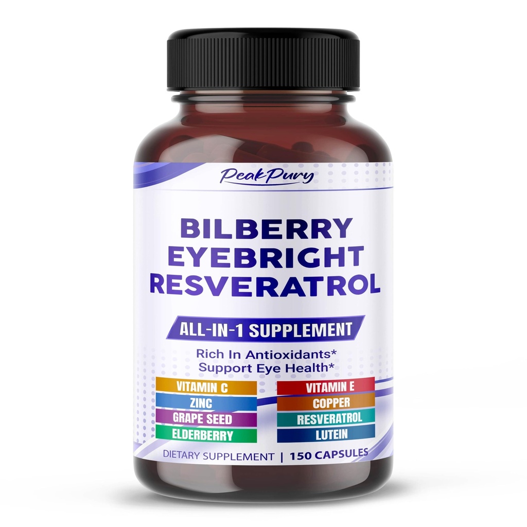All- in-1 Bilberry Eyebright Astaxanthin Elderberry Resveratrol Supplement - rig på antioxidanter & støtter Eye Health - Lavet i USA -150 kapsler