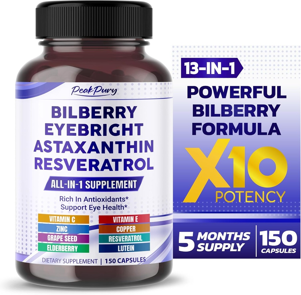 All- in-1 Bilberry Eyebright Astaxanthin Elderberry Resveratrol Supplement - rig på antioxidanter & støtter Eye Health - Lavet i USA -150 kapsler