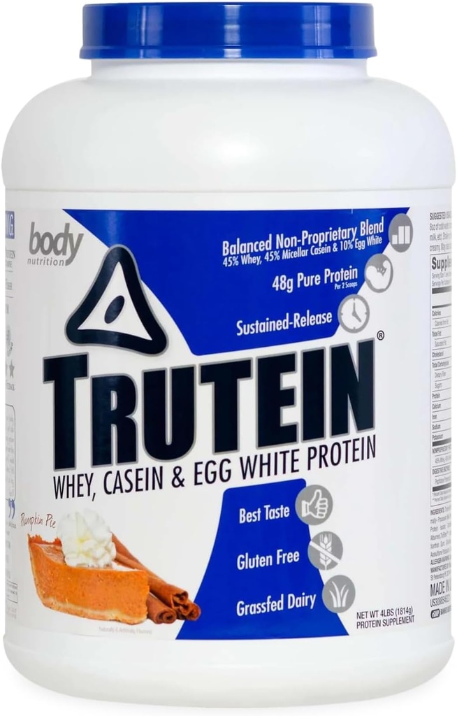 Body Nutrition Trutein High Protein Powder: 45% Whey, 45% Casein, 10% Egg White, Gluten- Free, Lavnatrium, Grass Fed Whey Protein Powder, Gym Supplement & Breakfast Shake, Pumpkin Pie, 4lb