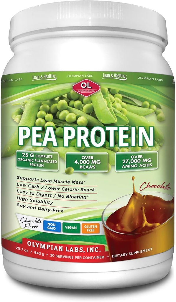 Olympian Labs Plant Based Pea Protein Powder, Chocolate - 25g Protein, Vegan, Low Net Carbs, Gluten Free, Lactose Free, No Sugar Added, Soy Free, Non-GMO, 2 Pund Pea Protein