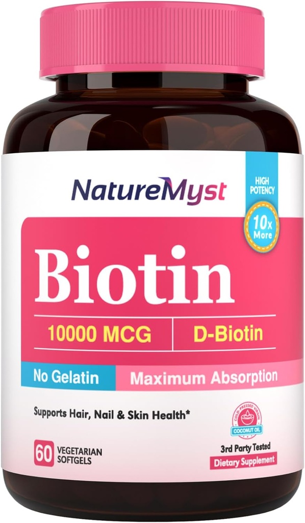 Biotin 10000 mcg, høj potens, biologisk aktiv, Cold- presset kokosolie til maksimal absorption, Ingen Gelatine, hår, negle, hud, 60 Vegetariske Softgels