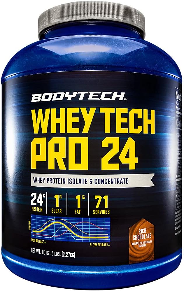 BODYTECH Whey Tech Pro24 Protein Powder - Rich Chocolate Flavor for Muscle Growth and Recovery, giver 24g protein per servering for optimal fitness og ydeevne (5 lbs / 71 Servering)