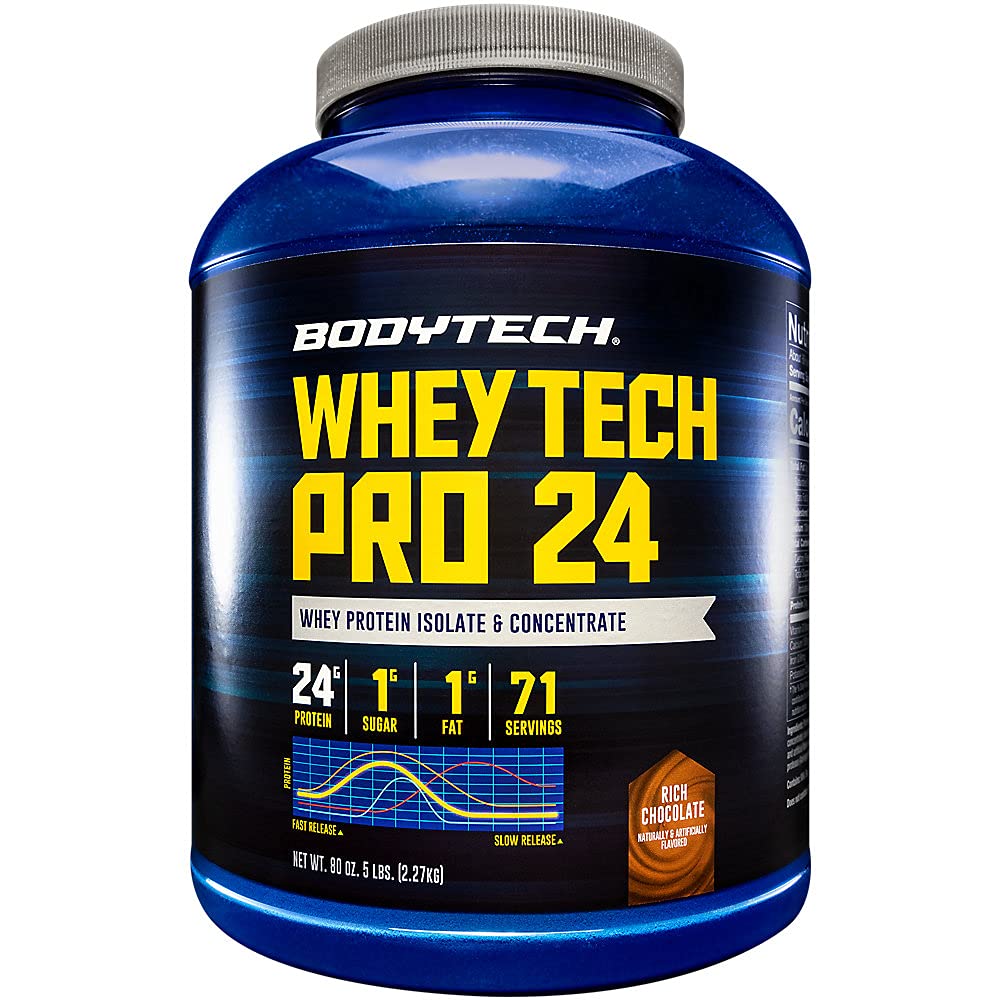 BODYTECH Whey Tech Pro24 Protein Powder - Rich Chocolate Flavor for Muscle Growth and Recovery, giver 24g protein per servering for optimal fitness og ydeevne (5 lbs / 71 Servering)