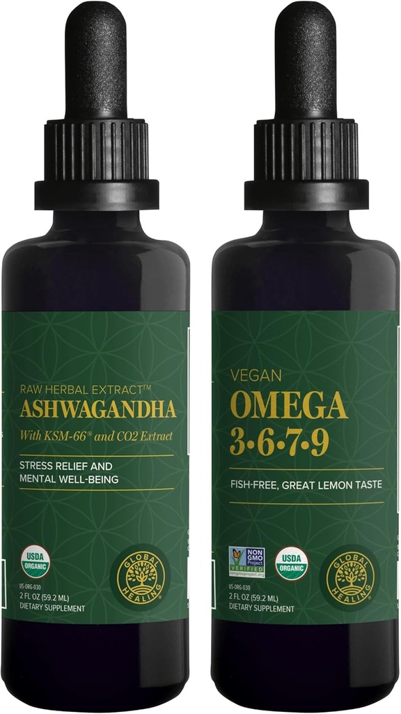 Global Healing Center Ashwagandha & Omega 3 6 7 9 Kit - Hjælper med nervøsitet, hjerne sundhed, hjerte sundhed, og øje sundhed