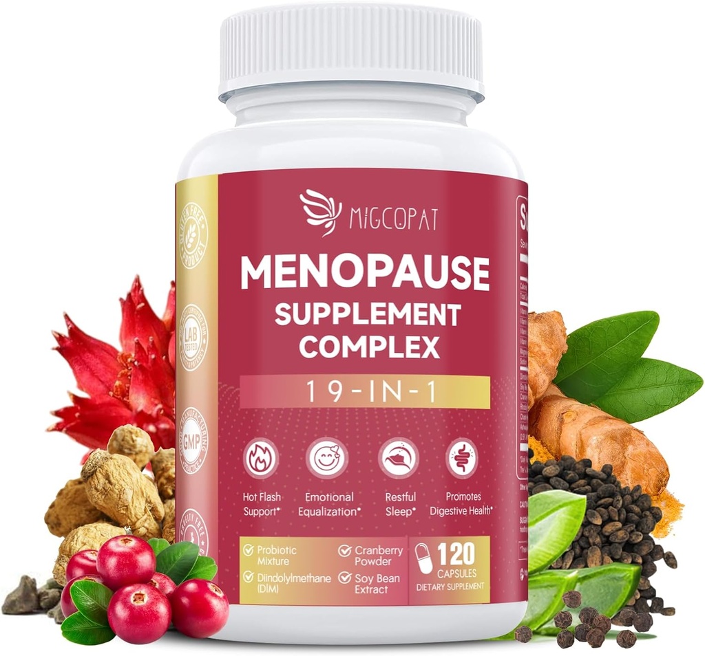 Menopause Kosttilskud til kvinder, 10 Millioner CFU Probiotisk, 19- i -1 Multivitamin & Ashwagandha Extract, DIM, Hormonal Balance, Support Hot Flashs, Night Sweats, Mood, Sleep Measures 124; Vegan, 120 Kapsler