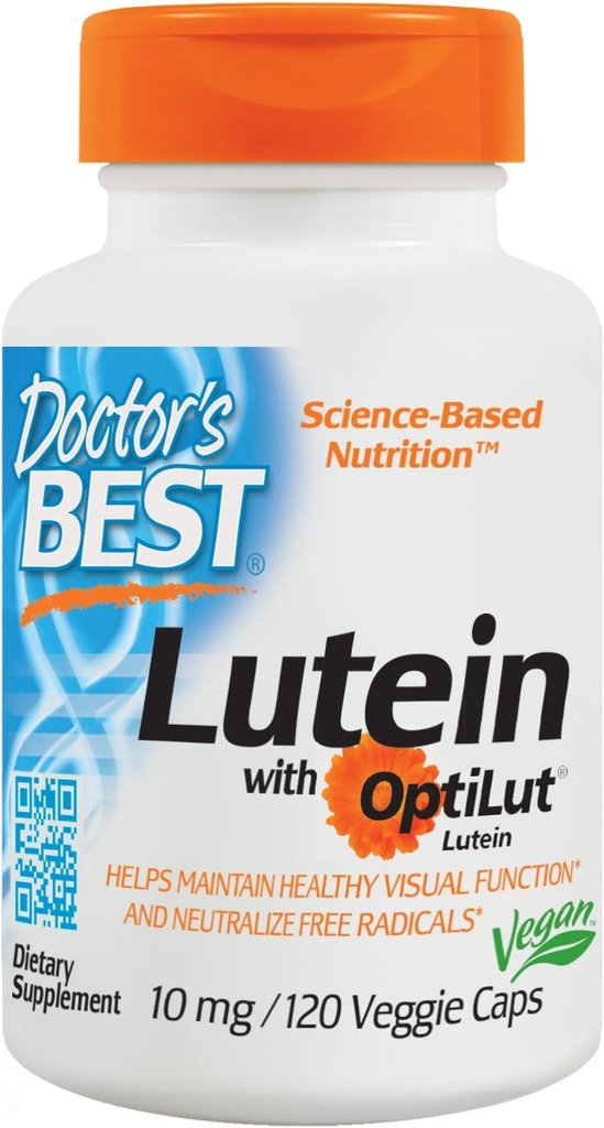 Doctor 's Best Lutein with OptiLut, Non- GMO, Vegan, Gluten Free, Soy Free, Eye Health, 10 mg, 120 Veggie Caps